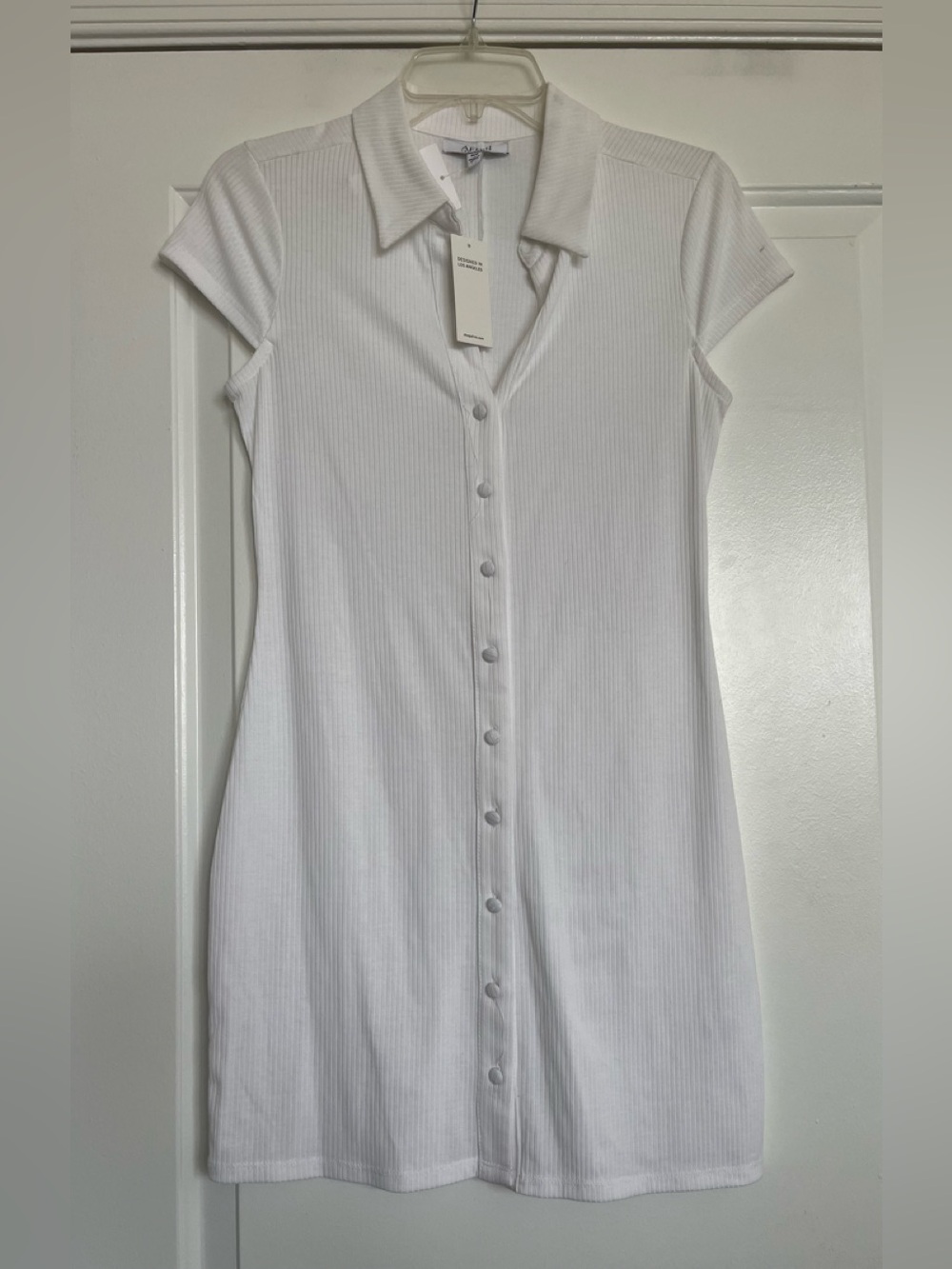 AFRM White Ribbed Button-Front Polo Dress